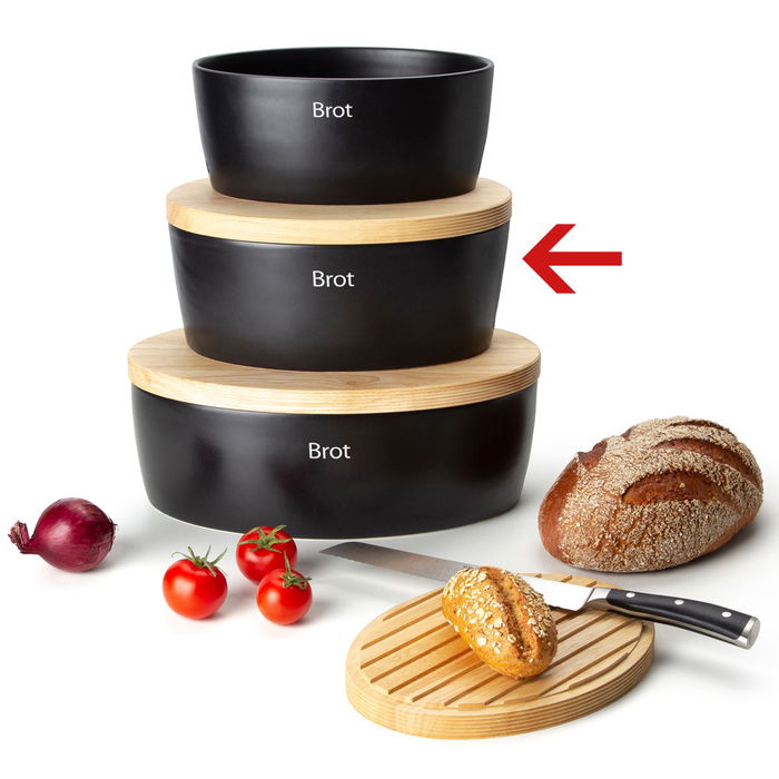 Continenta Panera 30x23 Negra Cerámica Tapa Madera Altura 13,5 cm